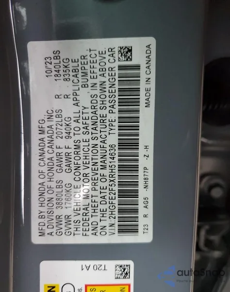 2024 Honda Civic Sport из США, поврежденный, VIN 2HGFE2F5XRH514636